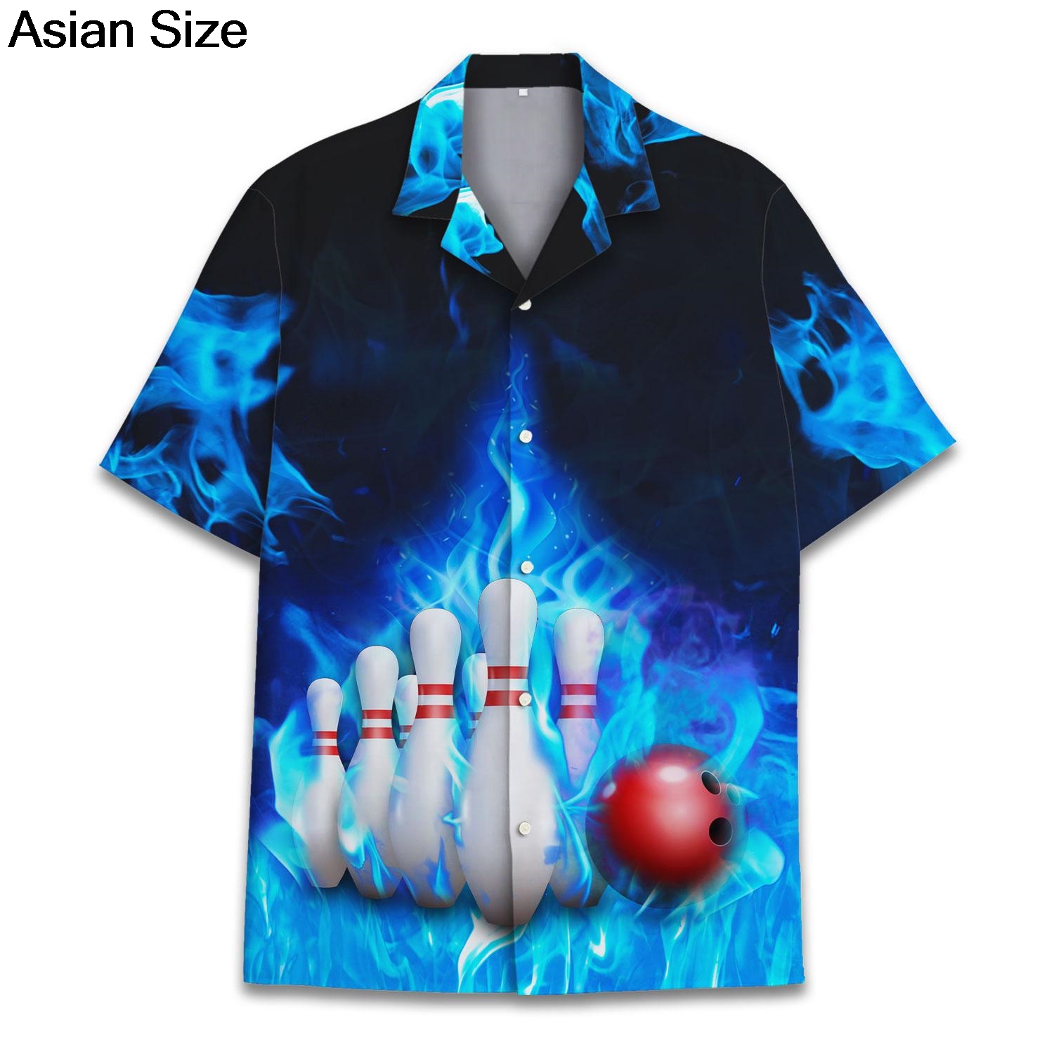 Bowling Shirt Camp - クールブルーファイアーボウリングスポーツグラフィックパターンユニセックス半袖ブラウスキャンプカラールーズノベルティレジャーシャツ