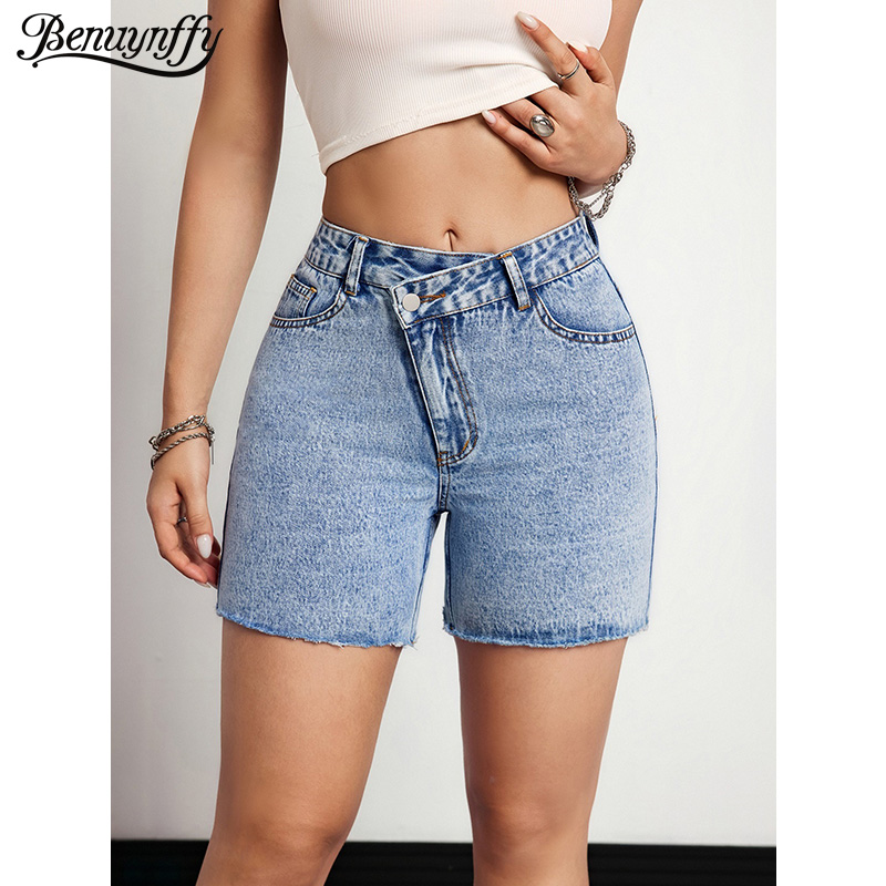 Vintage Fashion Jeans - Benuynffy 非対称ウエスト生裾タイトデニムショーツ女性の夏のレトロファッションスリムオールマッチ女性ジーンズショーツ 2026 新しい