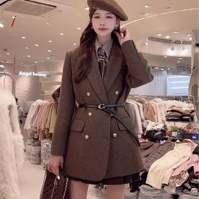 Vintage Trench Coat - ヴィンテージベルト付きウールジャケット女性のための秋と冬 2025 新しい人気の季節の気質トップ女性ブレザーウールアウターコート