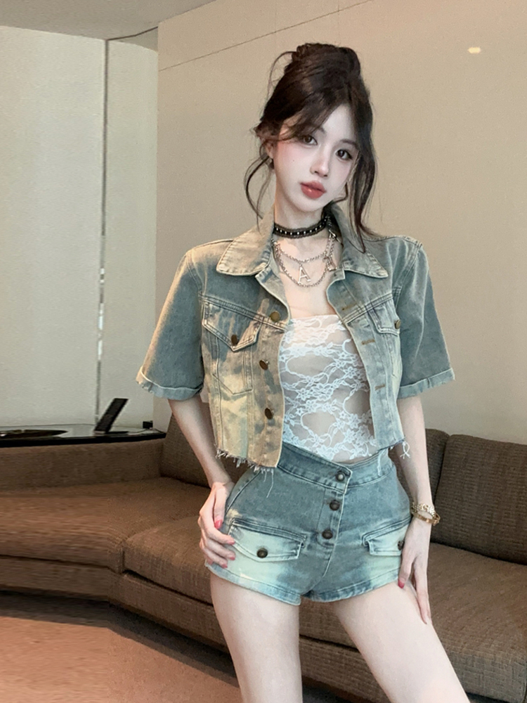 Vintage Fashion Retro Outfit - レトロセクシーなレースのボディスーツデニムヴィンテージオープンカーディガンメタルチェーン多用途ショートパンツセット女性のファッション夏の服装