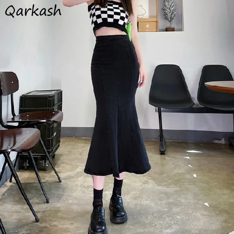 Denim Skirt Midi Vintage - 女性用トランペットスカート,フリル付きのエレガントでソフトなミドル丈スカート,ヴィンテージデザイン,シックでセクシー,スリムで伸縮性のあるデニム,ハイウエスト