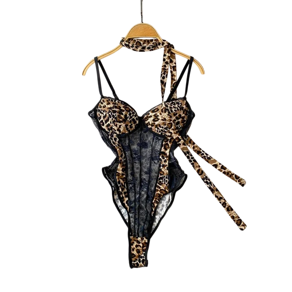 Vintage Women Fashion - 女性 Hotsweet V ネックヒョウスリムヴィンテージストラップボディスーツシックなレーススリムジャンプスーツ快適なファッション下着