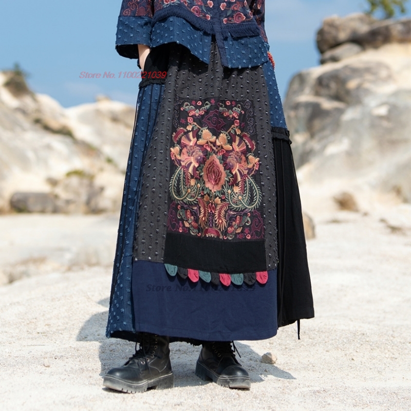 Denim Skirt Midi Vintage - 2026年伝統的な民族風デニムパッチワークスカート、国花刺繍入り、伸縮性ウエスト、ミディ丈スカート、中国風ヴィンテージAラインスカート
