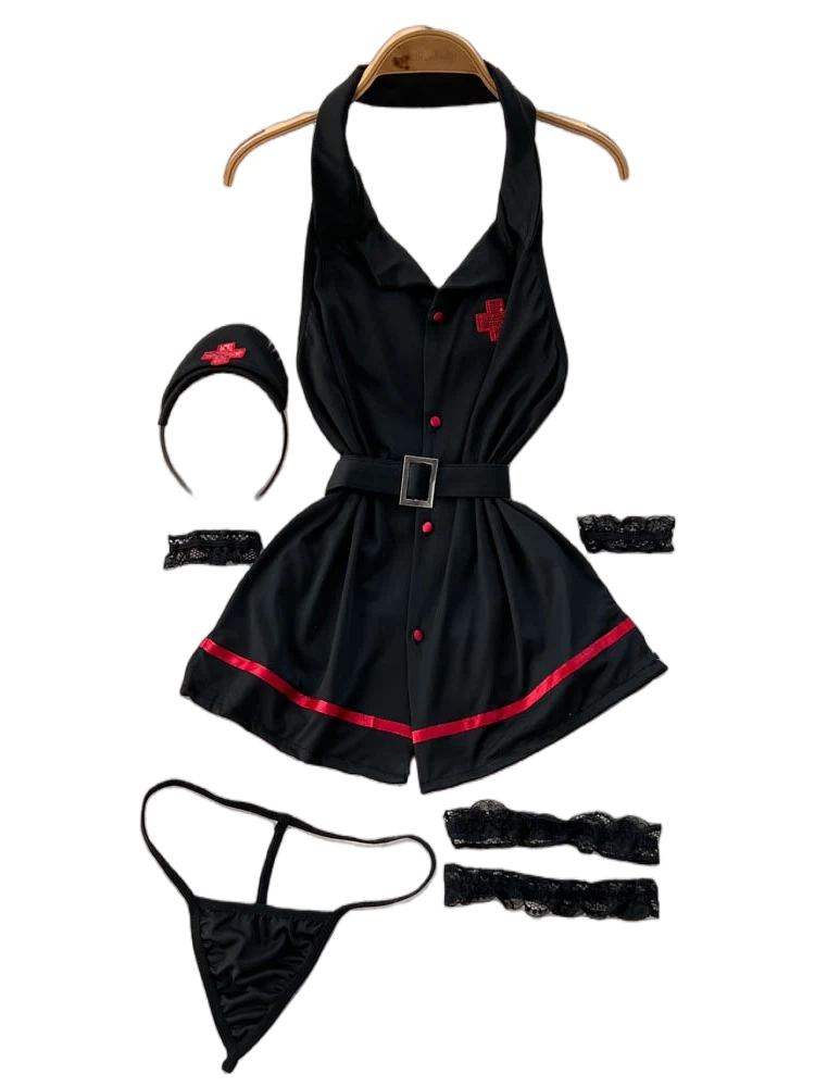 Vintage Women Fashion - エロティックファッションセクシーなホルターランジェリードレス夏 V ネックヴィンテージベルトスリムランジェリー女性背中の開いたセクシュアリティクラブランジェリーセット