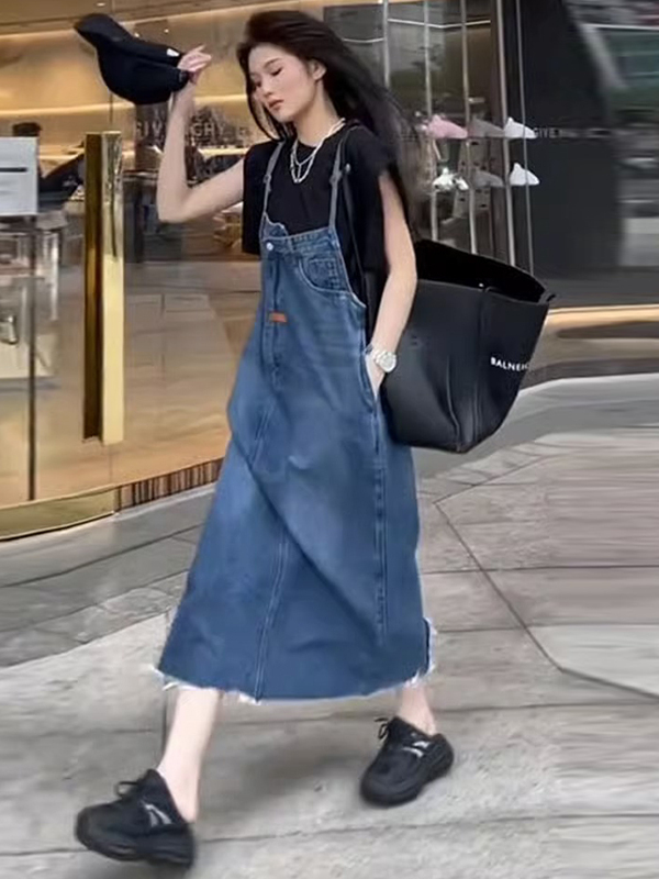 Denim Skirt Midi Vintage - ヴィンテージアメリカンデニムオーバーオールワンピース レディース 春秋新作 ミディ丈スカート ハイウエスト ソフトデニム生地