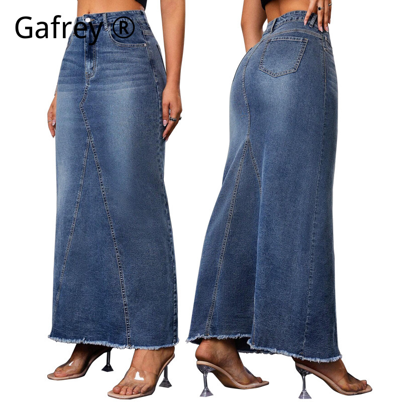 Vintage Fashion Jeans - レディースデニムミディスカート、ハイウエストフィッシュテール、ボディコン、フリンジヘム、スリムフィット、カジュアル、ヴィンテージ、ストリートウェア、ファッションジーンズスカート