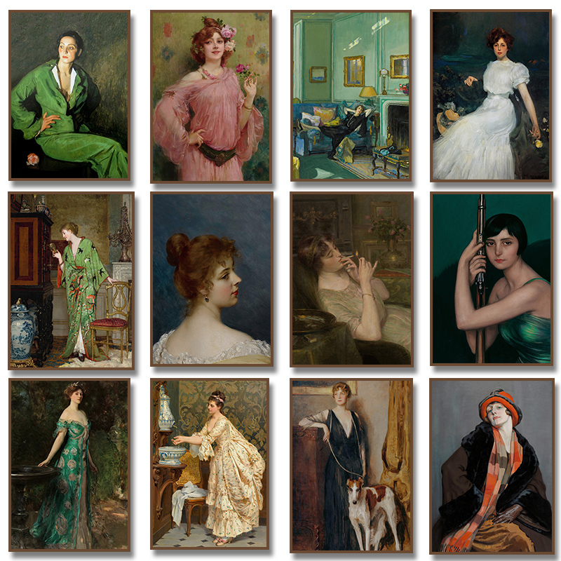 Vintage Fashion Illustrations - ルネッサンス女性肖像画ポスターヴィンテージビクトリア朝女性喫煙キャンバス絵画ファッションウォールアートリビングルーム家の装飾