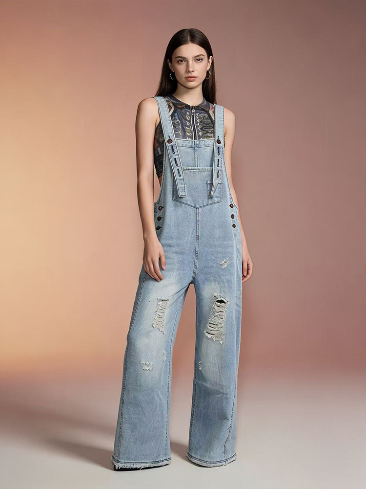 Vintage Fashion Jeans - ファッションレトロリッピング加工デニムオーバーオール レディース新作 多機能ルーズワイドレッグパンツ ストリートウェア カジュアルポケット付きジーンズジャンプスーツ