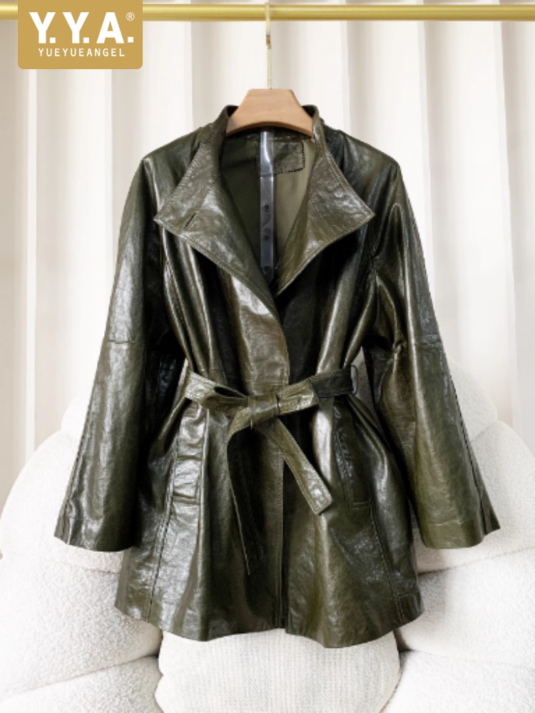 Vintage Trench Coat - ヴィンテージ女性ベルト付きルーズフィットミッドロングシープスキン本革ジャケットウインドブレーカートレンチコート秋の新人デザイナーアウター