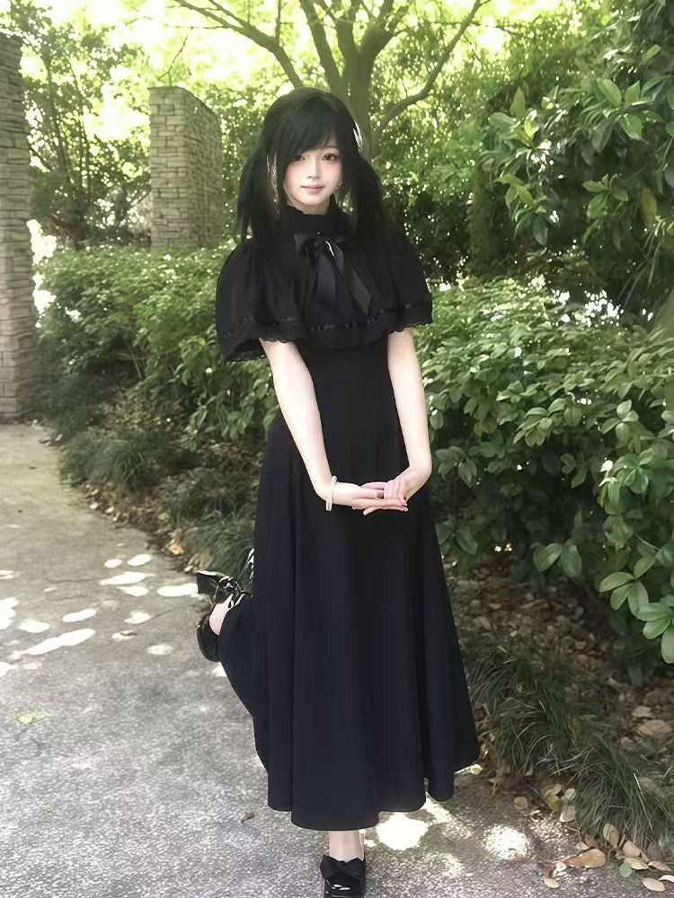 Vintage Fashion Retro Outfit - ゴシック原宿スリムレースレトロドレス女性ハイストリートヴィンテージ弓黒ドレス女性ファッションデザイン固体エレガントな衣装