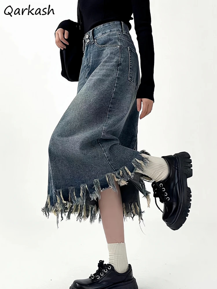 Denim Skirt Midi Vintage - 女性用タッセル付きヴィンテージデニムスカート,ハイウエスト,バックスリット,ファッショナブルでカジュアル,ヴィンテージ,ストリートウェア,暖かくて柔らかい,秋のファッション