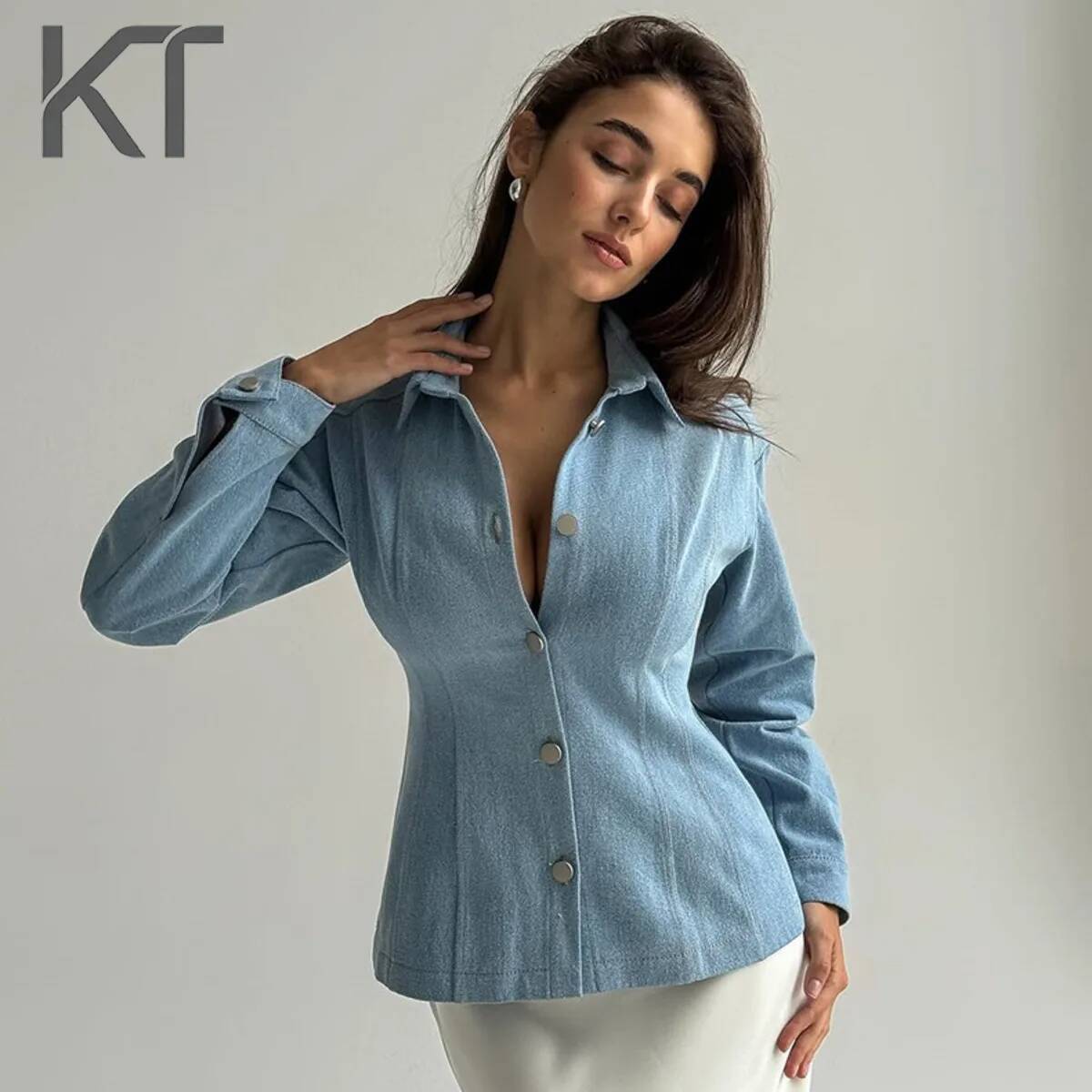 Vintage Women Fashion - KT ヴィンテージ ウエストシンチングデニムシャツ レディース 長袖ボタンダウン スリムフィットブラウス