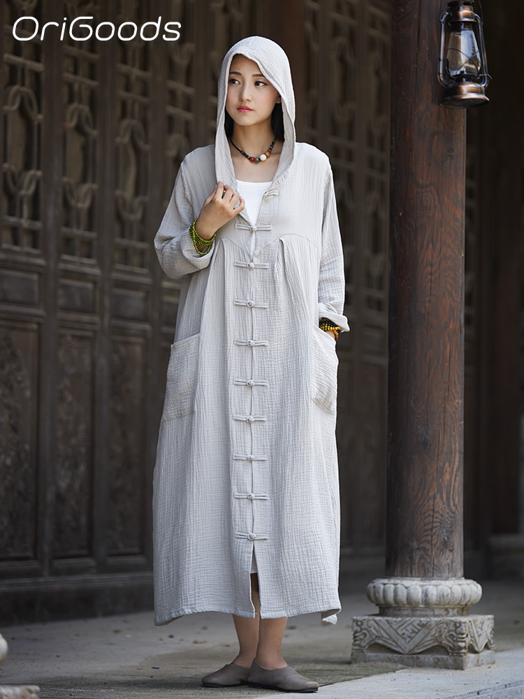 Vintage Trench Coat - OriGoods 女性フード付きロングコート綿春夏オーバーコート中国風ルーズローブ赤黒魔女ウィザードトレンチコート B097