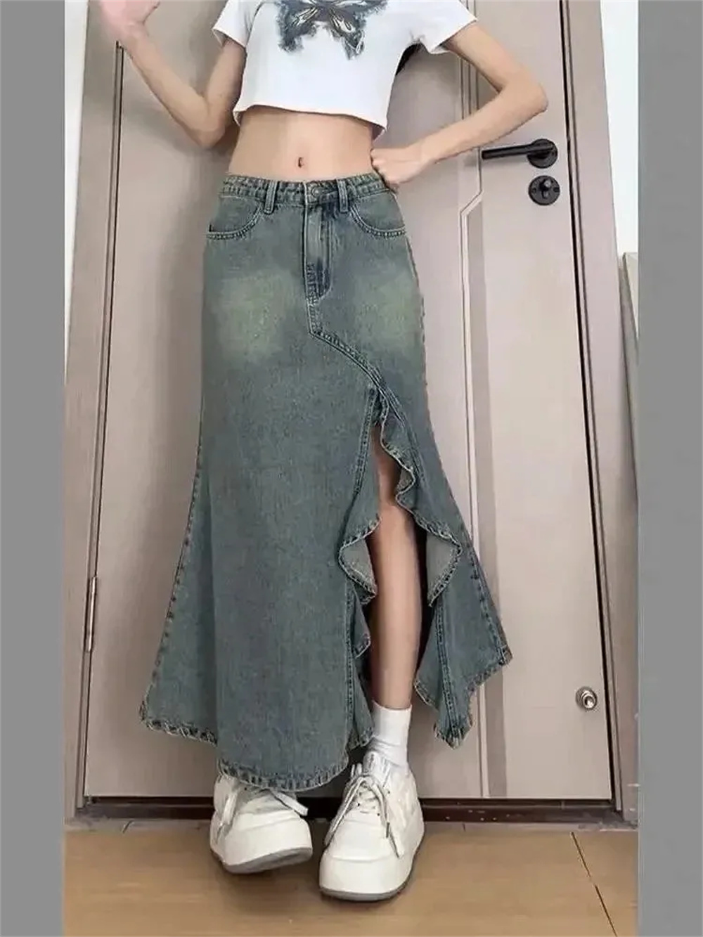 Denim Skirt Midi Vintage - 春夏韓国レトロ女性デニムスカートファッションデザイン不規則な波スリットハイウエストフィッシュテールスカートミディ丈スカート
