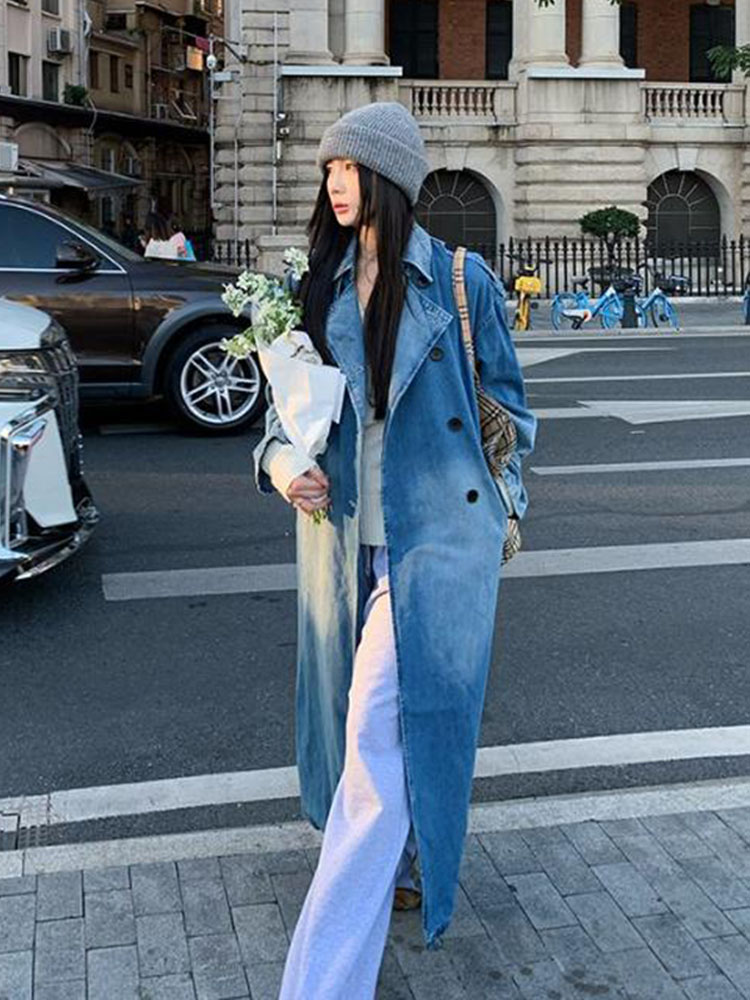 Vintage Trench Coat - 2025年春の香港風ダブルブレストデニムトレンチコート高級感とレトロ感のあるゆったりカジュアルトレンドロングコート