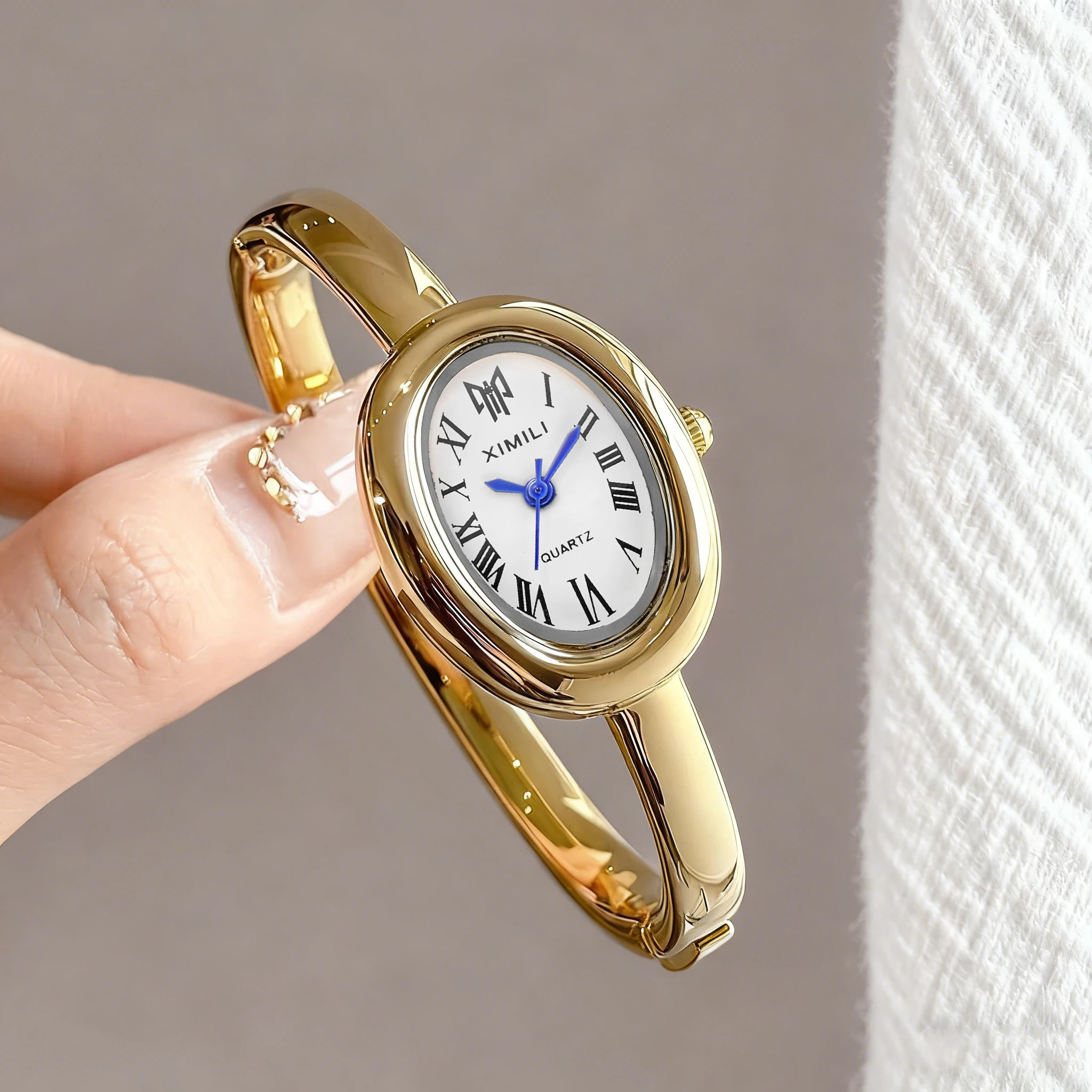 Vintage Fashion Watches - 2026XIMILI ヴィンテージオーバルバングルウォッチ、女性用、ローマ数字ホワイトダイヤルゴールドオープンカフブレスレットクォーツ腕時計
