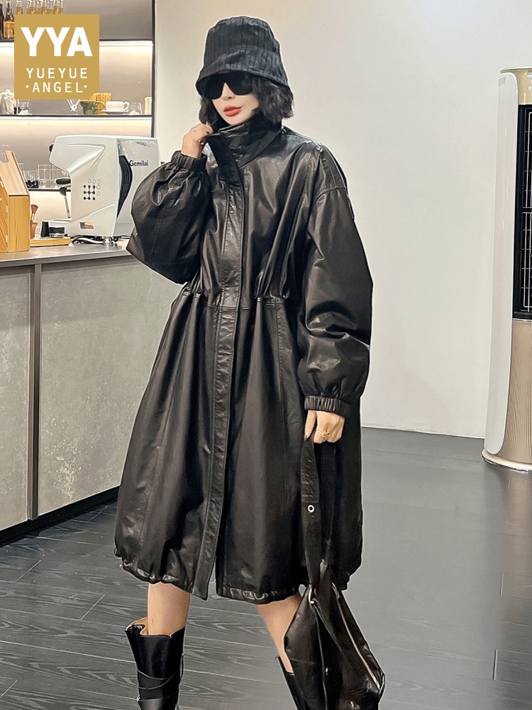 Vintage Trench Coat - ヴィンテージ女性冬牛革本革ダウンジャケット厚く暖かいロングトレンチコートルーズフィットウインドブレーカーオーバーコート特大