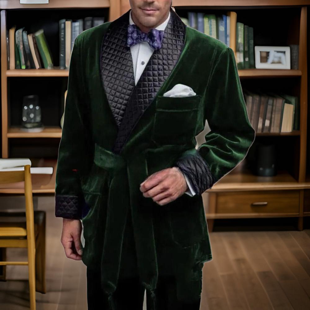 Vintage Trench Coat - グリーンベルベット喫煙スーツジャケット男性用ベルト黒ラペルウエディングブレザーカスタムメイド男のディナーイブニングパーティーコート 2025