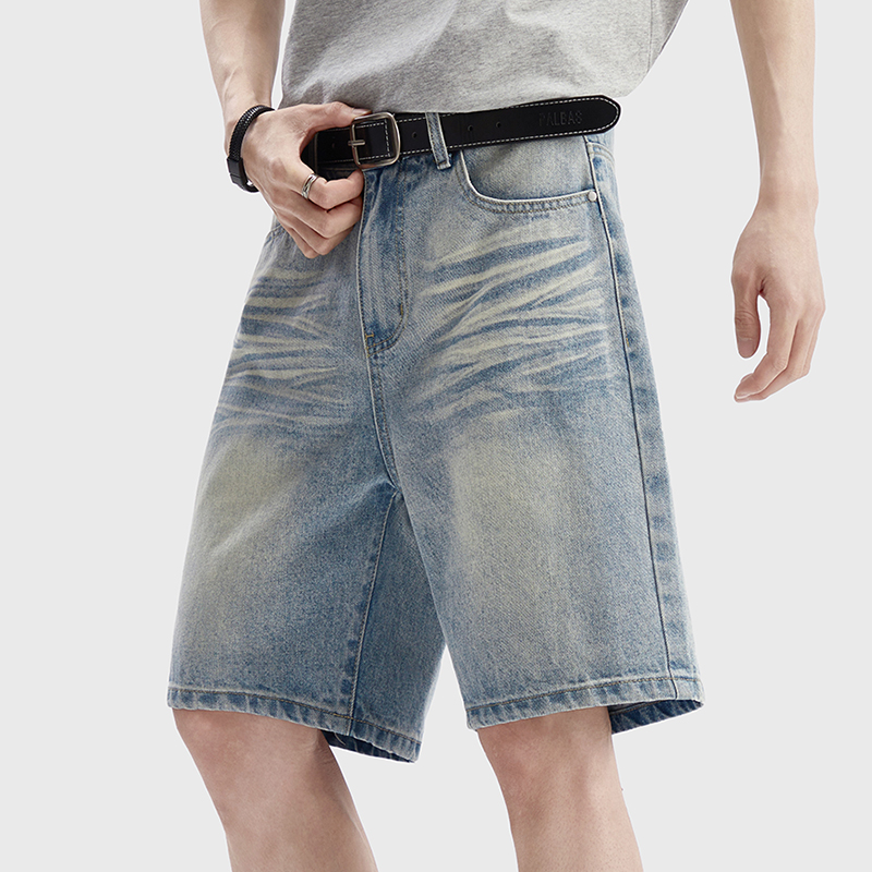 Vintage Fashion Jeans - ヴィンテージウォッシュデニムショートパンツメンズルーズクラシックコットンバギーワイドレッグジーンズファッションカジュアル膝丈パンツ韓国ストリートウェア