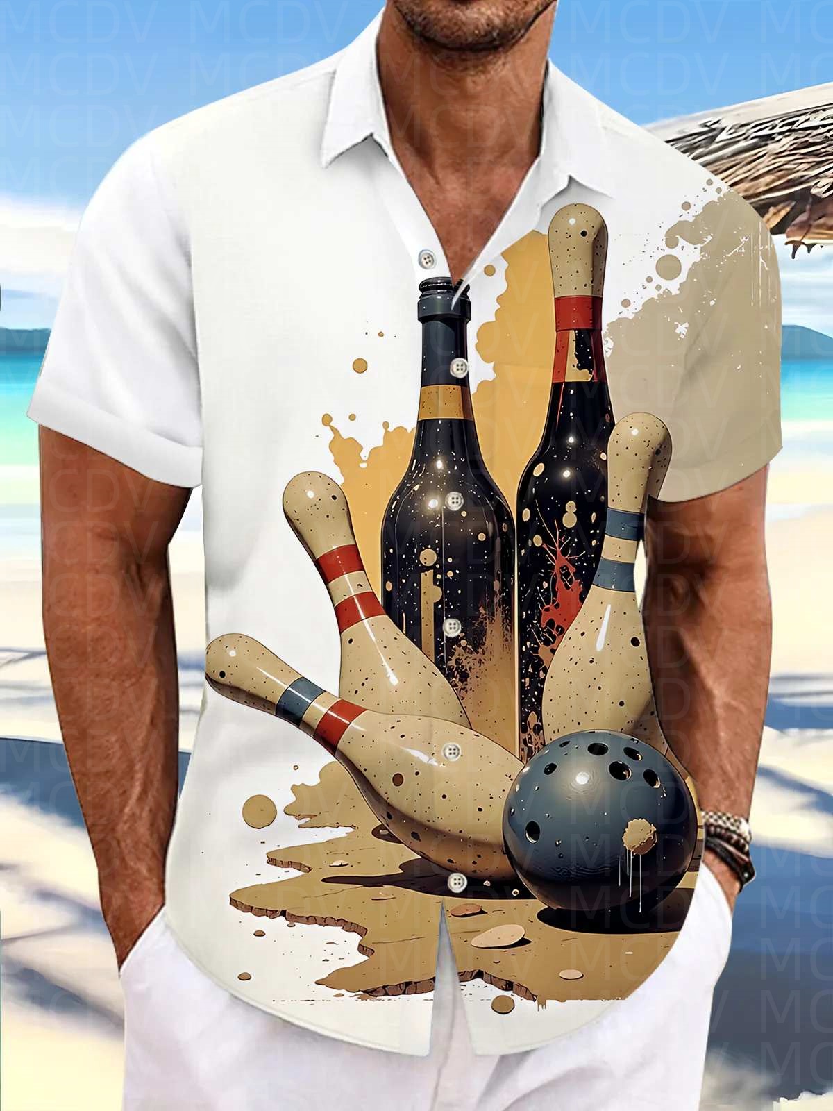 Bowling Shirt Camp - ボウリング柄メンズハワイアンシャツ ストレッチイージーケアキャンプシャツ ビッグトールサイズ