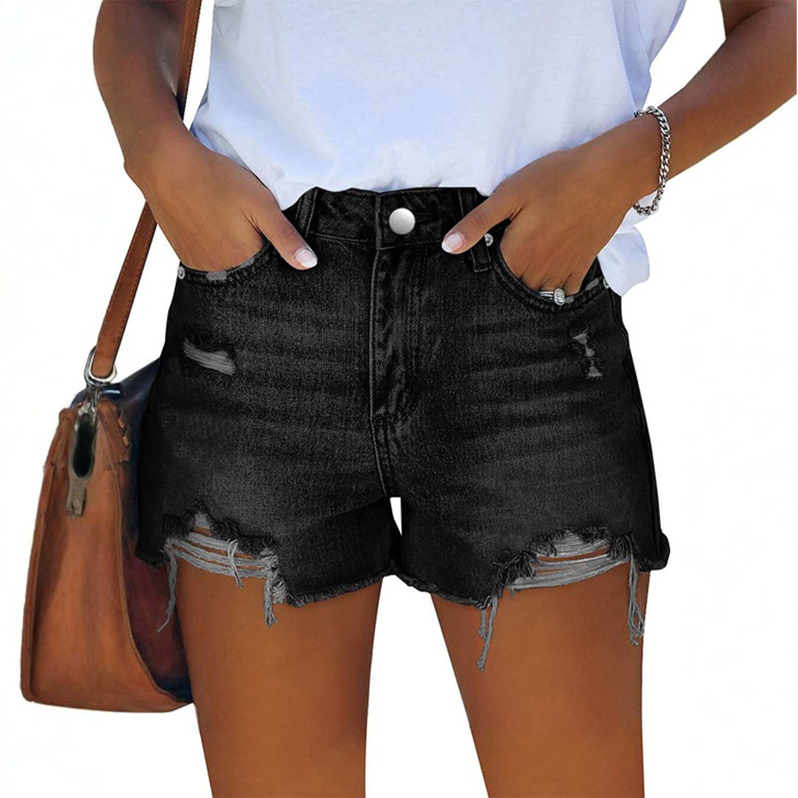 Vintage Fashion Jeans - アメリカンヴィンテージスタイルファッション女性の穴あきパッチ付きシンプルスリムブルーウォッシュデニムパンツ女性のトレンディなジーンズショートパンツ服