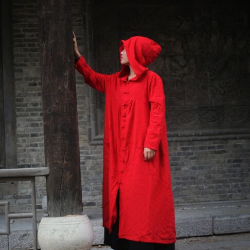 Vintage Trench Coat - フード付きリネンとコットンの裏地付きコート,ヴィンテージの小さなコート,秋のコート,チャイニーズスタイル,2024