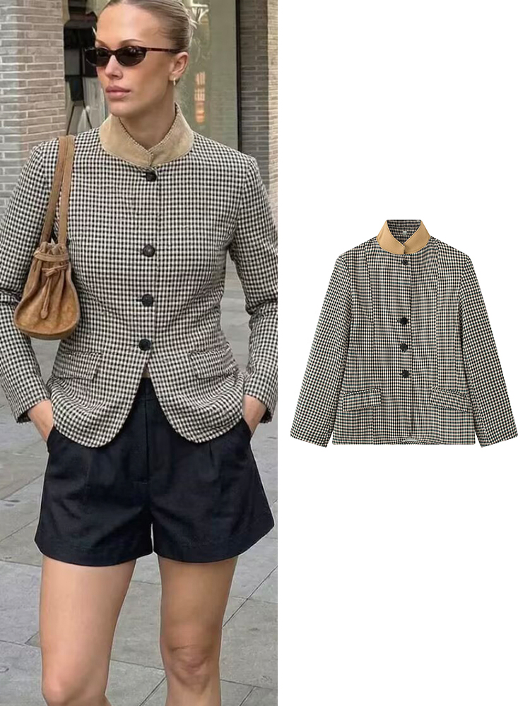 Vintage Trench Coat - TFMLN 女性のヴィンテージチェック柄ブレザーコートスタンドネックシングルブレストポケットスーツジャケット女性 2026 春秋通勤アウター