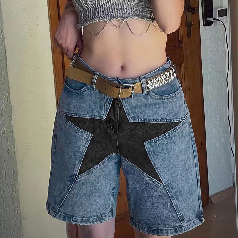 Vintage Fashion Jeans - 星柄パッチワーク女性用ショートジーンズヴィンテージデニムバミューダショーツストリートウェアルーズサマーパンツファッション女性服