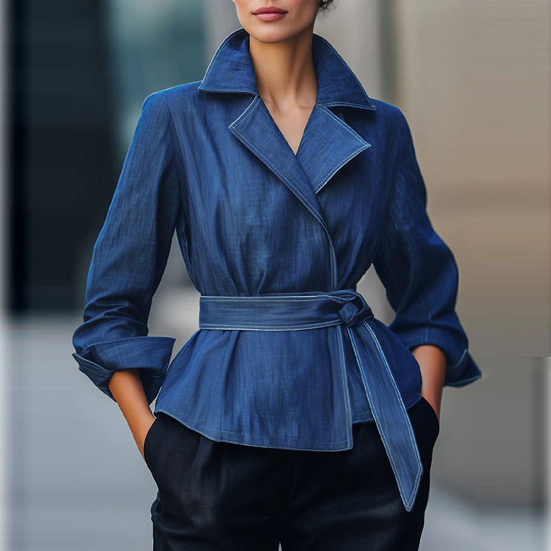 Vintage Women Fashion - 2026年秋春ファッションデニムジージャン女性用長袖ヴィンテージブルー秋カジュアルアウターウェアベルト付き