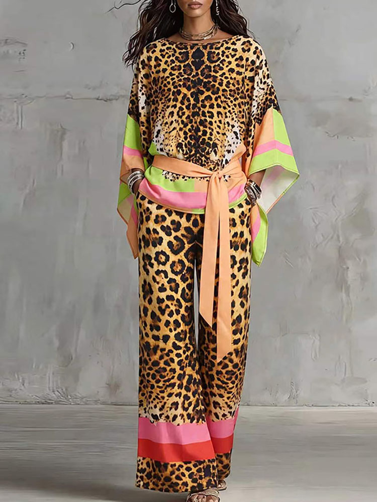 Vintage Fashion Retro Outfit - レトロなレオパード柄のゆったりとしたサマースーツ、Oネックの半袖トップスとロングパンツのカジュアルな2ピースセット、ファッショナブルなストリート通勤服