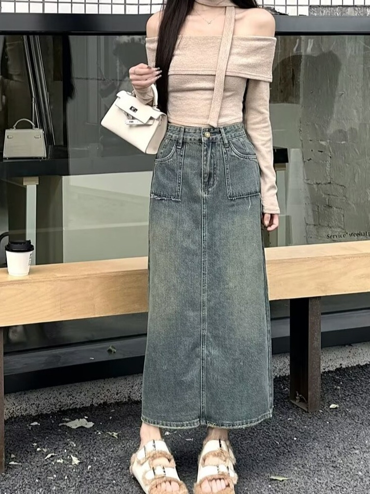 Denim Skirt Midi Vintage - ハイウエストミディデニムスカート ウォッシュドヴィンテージ ラージサイズ Aライン ハーフ丈 春夏新作