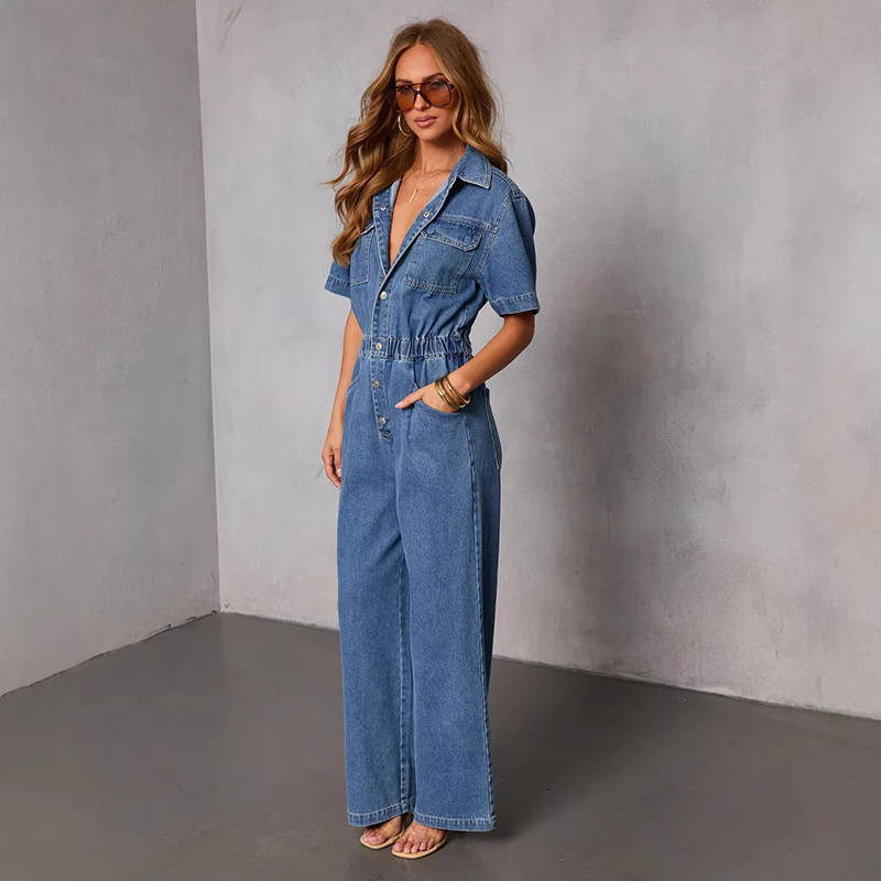 Vintage Fashion Jeans - レトロファッション半袖デニムジャンプスーツ女性の夏のトレンドラペルカラーハイウエストオーバーオールストリートカジュアルポケットジーンズ