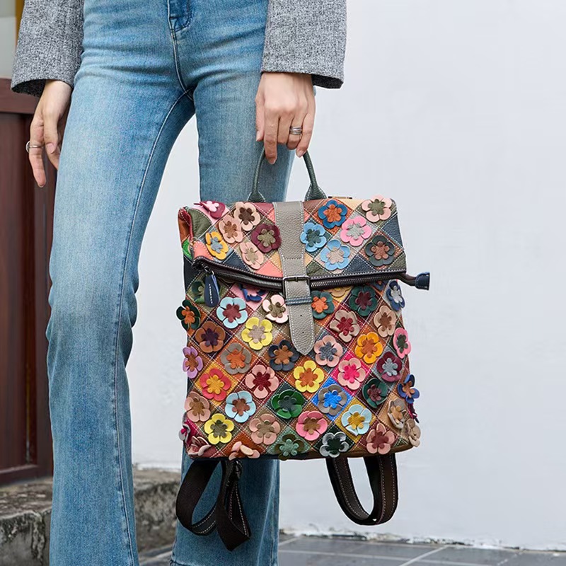 ヴィンテージ女性本革バックパックフラワーリアル牛革ショルダー - Vintage Women Fashion のレビューと価格