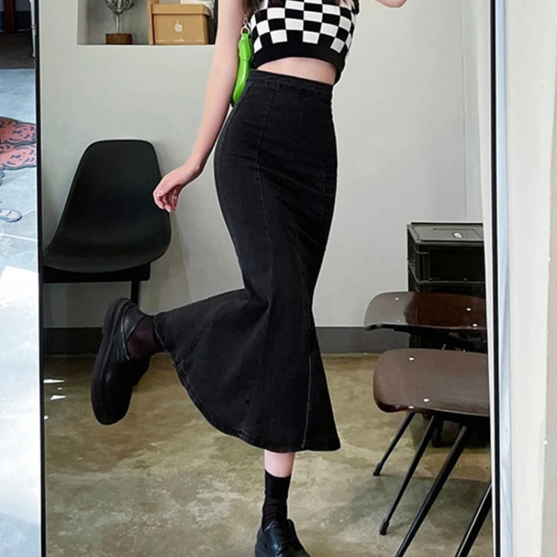 女性用トランペットスカート,フリル付きのエレガントでソフトな - Denim Skirt Midi Vintage のレビューと価格