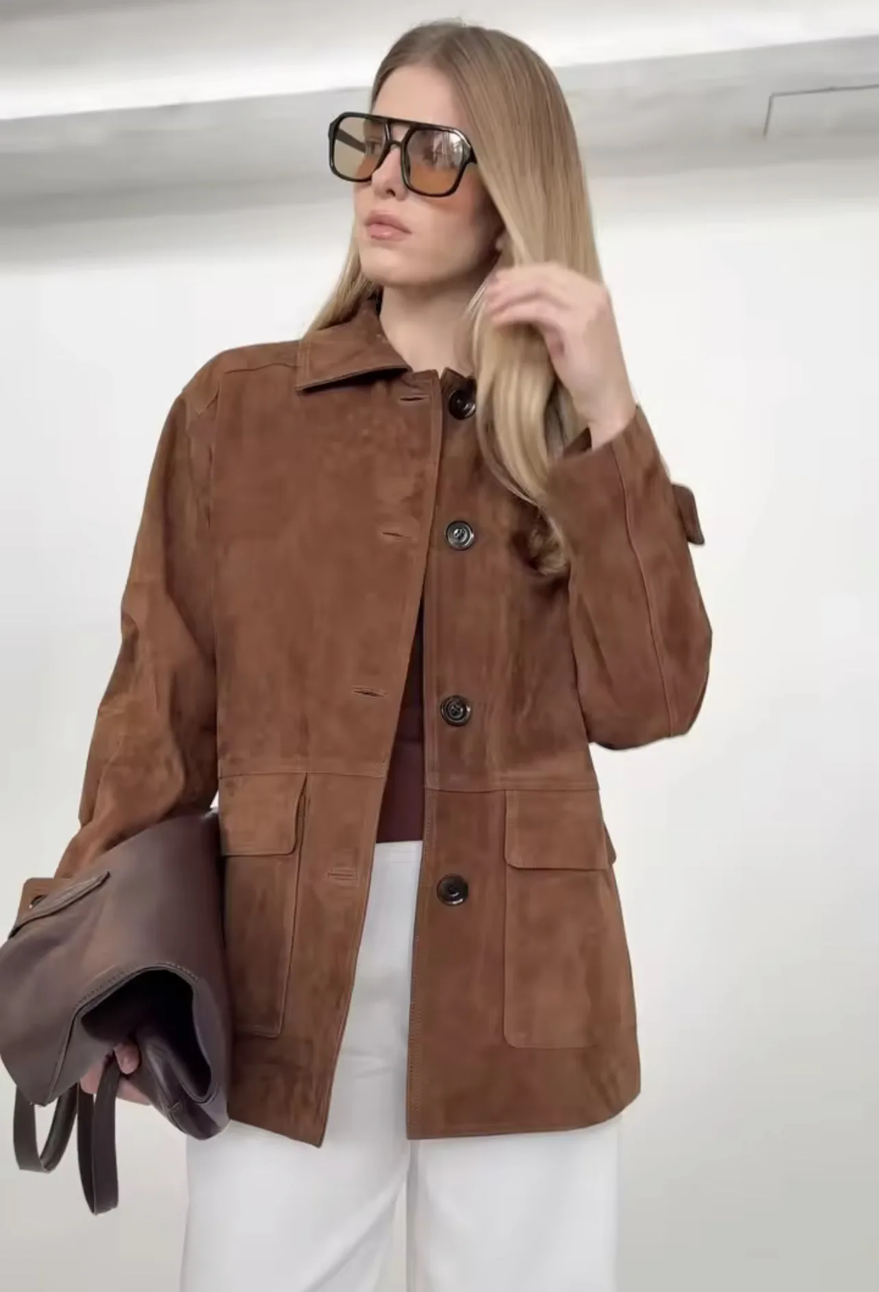 新しいファッション女性オールドマネーブラウンレザースエード長 - Vintage Fashion Old Money のレビューと価格