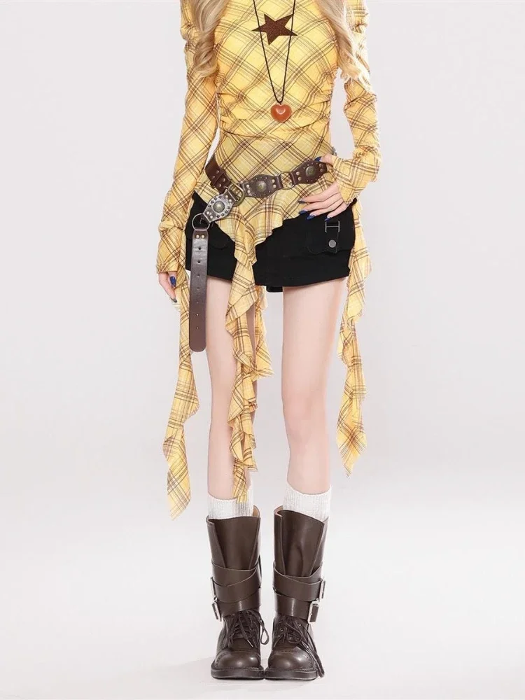 Y2K チェック柄スラッシュネックヴィンテージ T シャツ、 - Vintage Women Fashion のレビューと価格