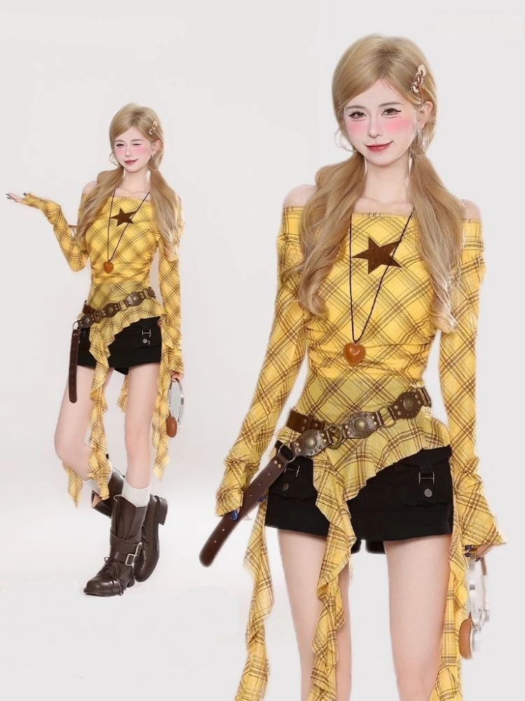Y2K チェック柄スラッシュネックヴィンテージ T シャツ、 - Vintage Women Fashion のレビューと価格