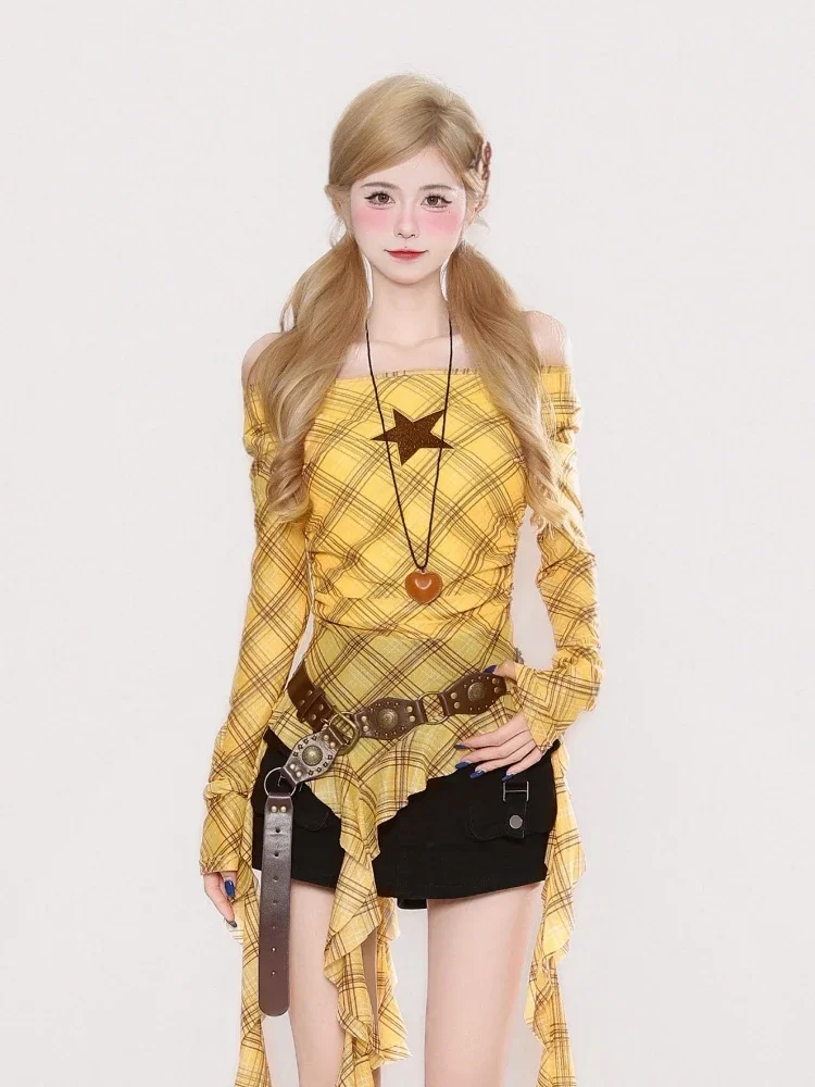Y2K チェック柄スラッシュネックヴィンテージ T シャツ、 - Vintage Women Fashion のレビューと価格