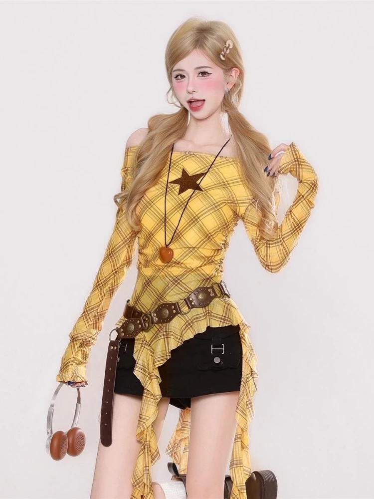 Y2K チェック柄スラッシュネックヴィンテージ T シャツ、 - Vintage Women Fashion のレビューと価格
