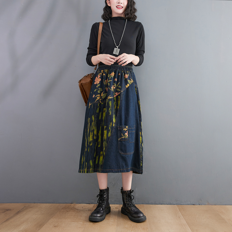 プラスサイズ　伸縮性ウエストデニムミディスカート　レディース - Denim Skirt Midi Vintage のレビューと価格