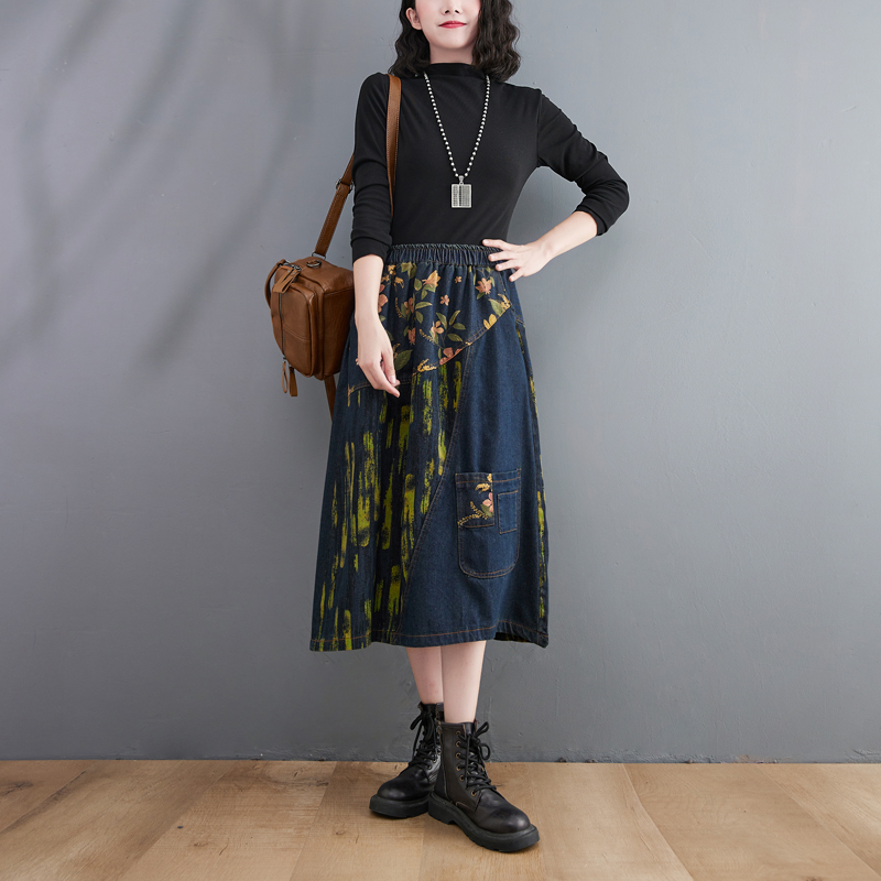 プラスサイズ　伸縮性ウエストデニムミディスカート　レディース - Denim Skirt Midi Vintage のレビューと価格