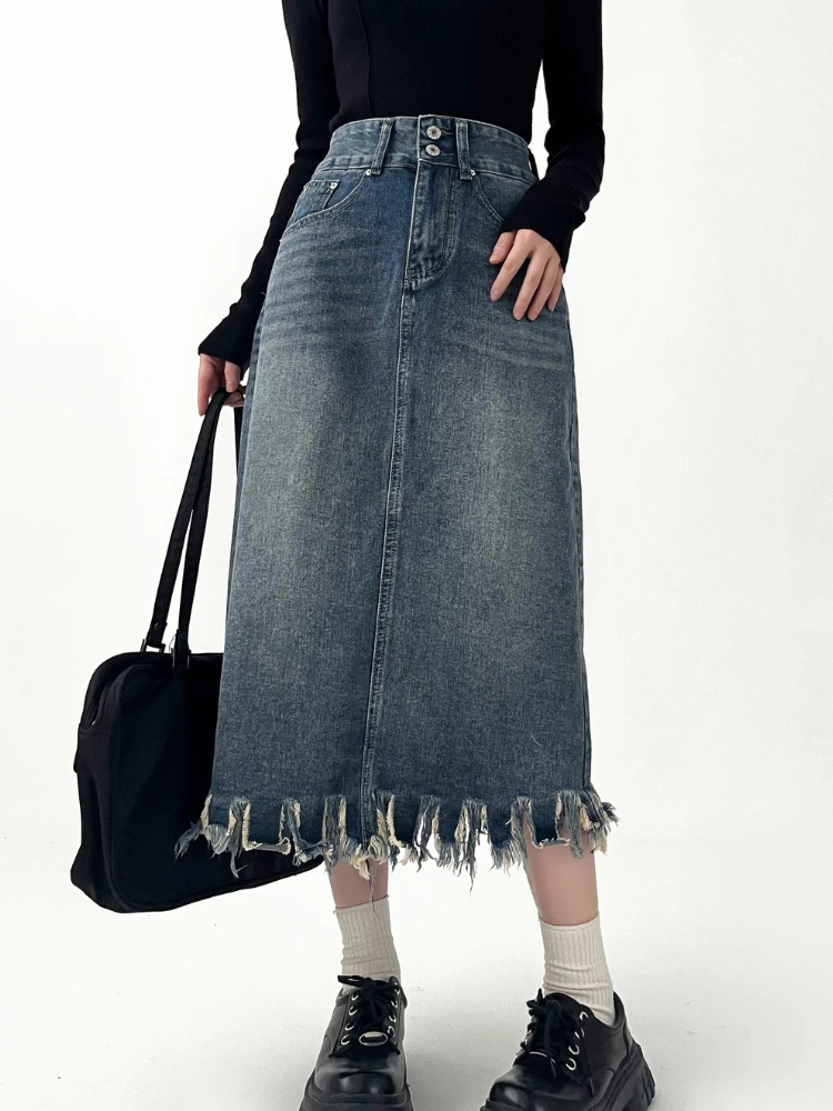 女性用タッセル付きヴィンテージデニムスカート,ハイウエスト, - Denim Skirt Midi Vintage のレビューと価格