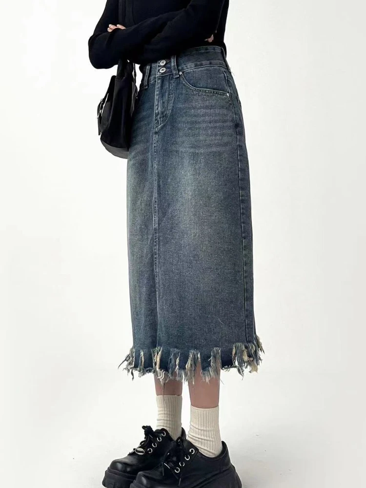 女性用タッセル付きヴィンテージデニムスカート,ハイウエスト, - Denim Skirt Midi Vintage のレビューと価格