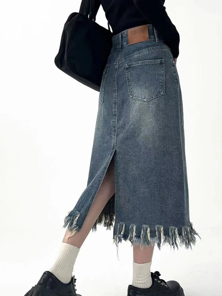 女性用タッセル付きヴィンテージデニムスカート,ハイウエスト, - Denim Skirt Midi Vintage のレビューと価格