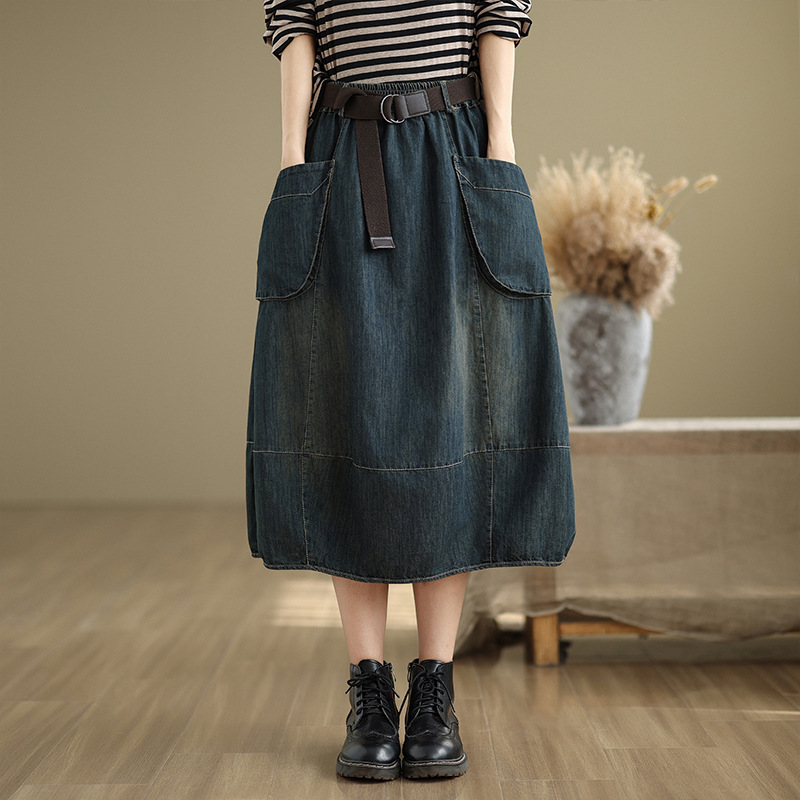 大サイズデニムスカートベルト付き女性春夏弾性ウエストルーズカ - Denim Skirt Midi Vintage のレビューと価格