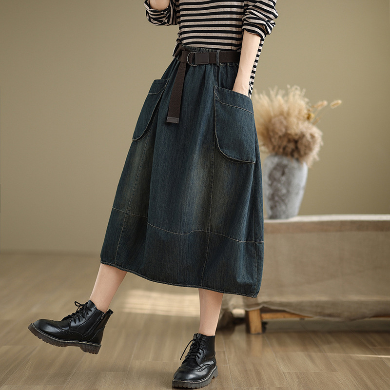 大サイズデニムスカートベルト付き女性春夏弾性ウエストルーズカ - Denim Skirt Midi Vintage のレビューと価格