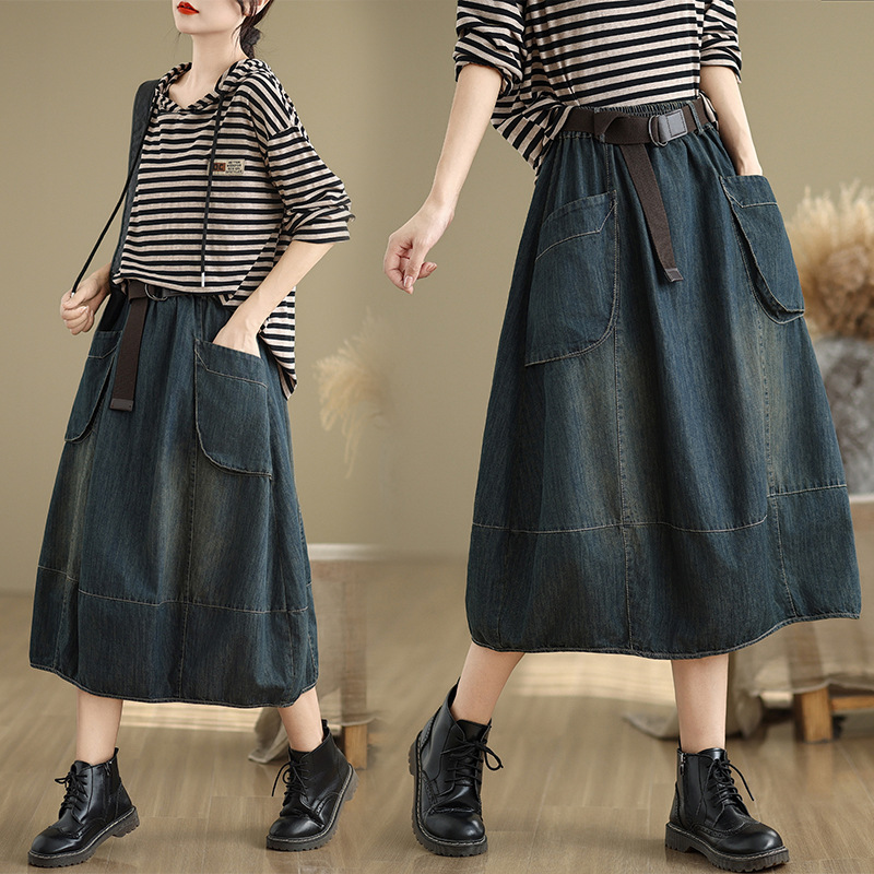 大サイズデニムスカートベルト付き女性春夏弾性ウエストルーズカ - Denim Skirt Midi Vintage のレビューと価格