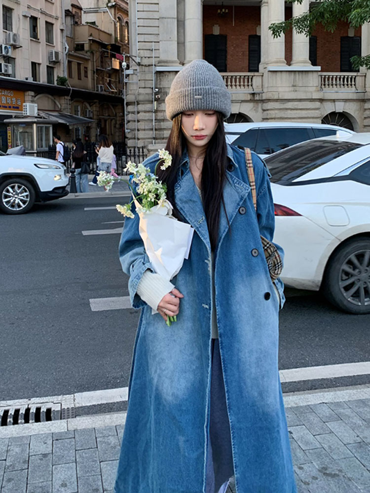 2025年春の香港風ダブルブレストデニムトレンチコート高級感 - Vintage Trench Coat のレビューと価格