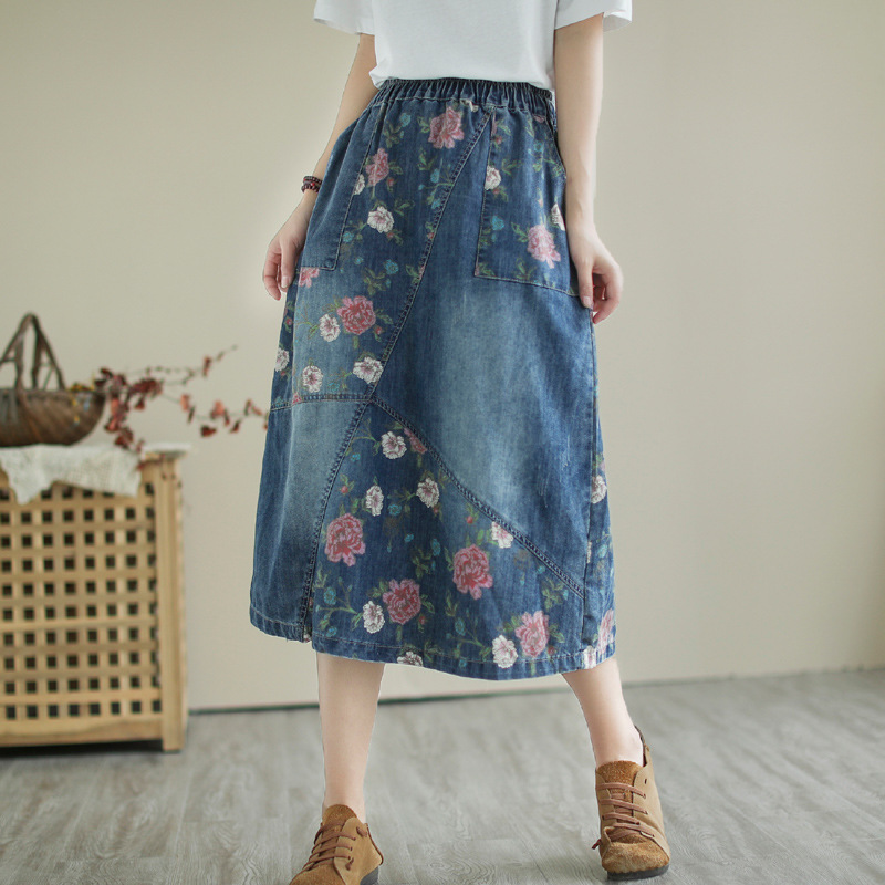 日本のヴィンテージ森ガールフラワープリント刺繍デニムスカート - Denim Skirt Midi Vintage のレビューと価格