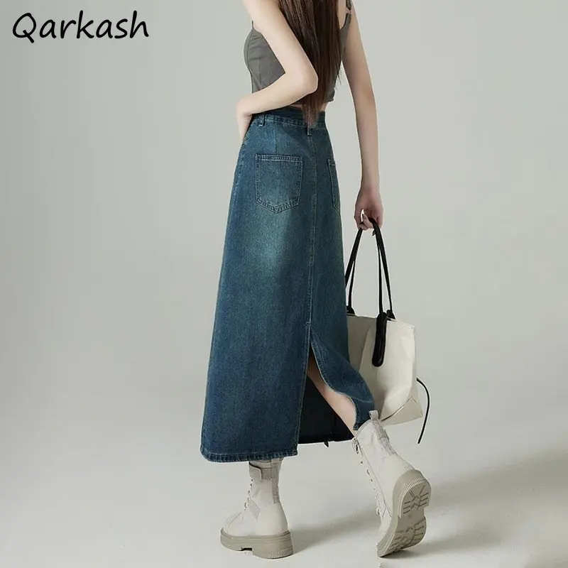 デニムスカート女性ミディバックスリットヴィンテージルーズスト - Denim Skirt Midi Vintage のレビューと価格